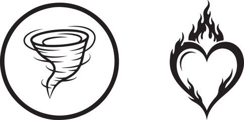 Monochrome Stylized Tornado Symbol and Burning Heart Graphic Vector Art
