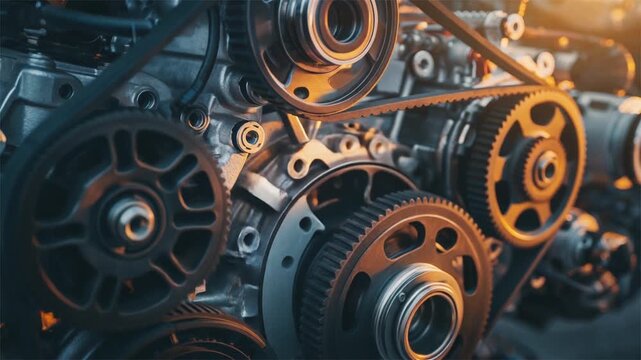 Modern automotive engine gears closeup reveal intricate engineering, precision metal parts, and dynamic timing belt system in warm industrial lighting.