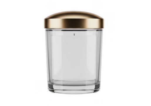 Elegant white candle in clear glass jar with gold lid, product shot