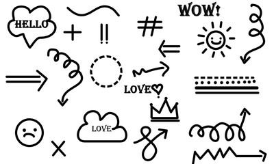 Black hand-drawn doodle sketch elements on white background. Fun whimsical arrows, swirls, and creative symbols for expressive design. Playful marker-style vector set for modern projects.