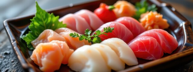 A tray of sashimi that radiates harmony spirit and signature refinement through its thoughtful presentation selection