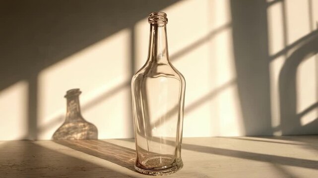 An empty glass bottle on a sunlit table, with long shadows cast by the window.