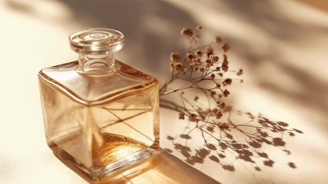 A square glass perfume bottle with pink liquid and a glass stopper, resting on a soft beige surface with dried flowers casting shadows.