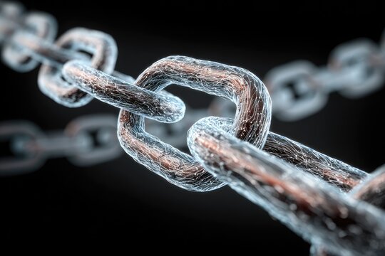 Close-up of a frozen metal chain link.  Intricate details of a chain link, appearing icy