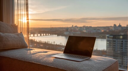 A serene workspace with a laptop by the window, showcasing a beautiful sunset view and a tranquil atmosphere.