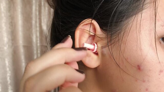 A young brunette girl removes earplugs from her ears in the morning. Sleep in silence, protection from noise