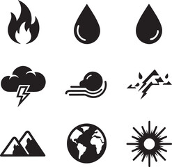 Black Silhouette Natural Elements Weather Icons Set Flat Design