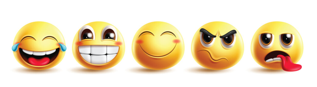 Emojis naughty characters clipart set. Emoji cute face 3d character clip art in happy, funny, mad, smiling, tired and joyful facial expression graphic elements collection vector illustration.
