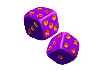Two purple dice with golden dots isolated on transparent background, 3d rendering
