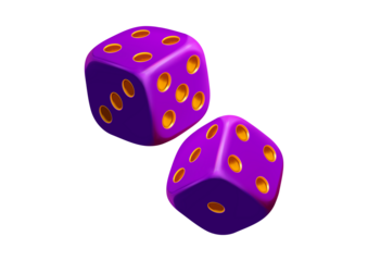 Two purple dice with golden dots isolated on transparent background, 3d rendering
