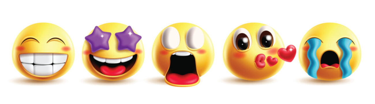 Emoji star eye character clipart set. Emojis 3d cute yellow face clip art with happy, scream, flying kiss, sob and crying facial expression emoticon collection vector illustration.
