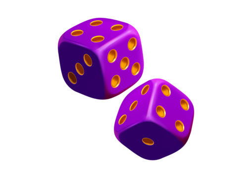 Two purple dice with golden dots isolated on transparent background, 3d rendering