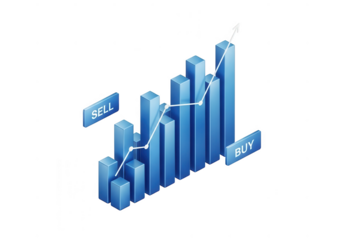 Blue 3d bar graph with upward trend isolated on transparent background