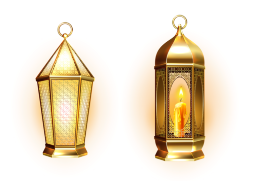 Two golden lantern isolated on transparent background, festive decoration for ramadan - Powered by Adobe