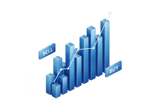Blue 3d bar graph with upward trend isolated on transparent background