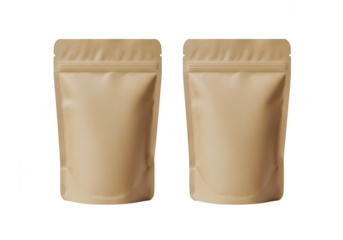 Two kraft paper stand up pouches isolated on transparent background