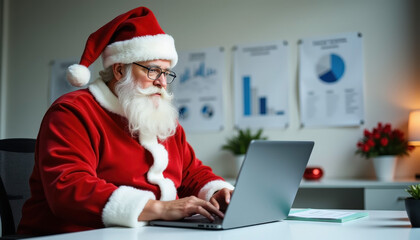 Santa claus using laptop in office setting for christmas planning and digital communication