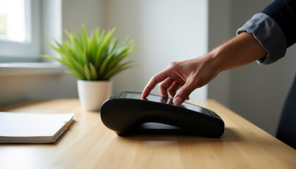 Hand using card payment terminal in office with plant on wooden desk for financial transactions