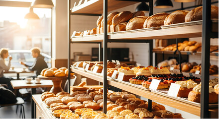 Bright Modern Bakery Interior with Shelves of Fresh Pastries