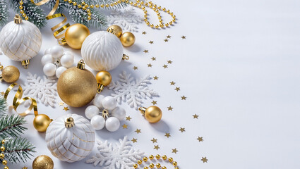 Obraz premium Merry christmas celebration with golden ornaments and snowflakes for holiday card design