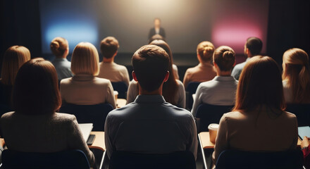 Audience listening attentively to a speaker on stage in a dimly lit conference room with colorful backdrop