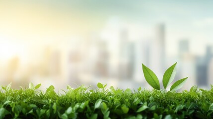 A close-up of green leaves emerging from lush grass under a soft, blurred city backdrop, This image symbolizes growth and sustainability, ideal for environmental or wellness-themed projects,