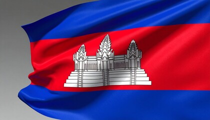 Cambodia National Flag &ndash; Blue and Red Stripes with Central White Angkor Wat Emblem Representing Cultural Heritage