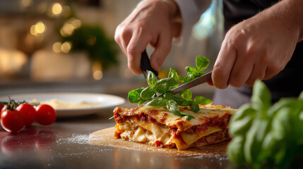 Close-up of hands slicing fresh basil over lasagna, blurred warm kitchen background, with copy space.