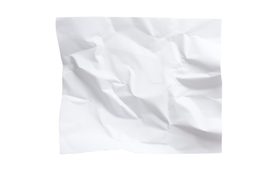 Crumpled white paper with multiple folds, textured and wrinkled surface suitable for artistic backgrounds or conceptual design projects.