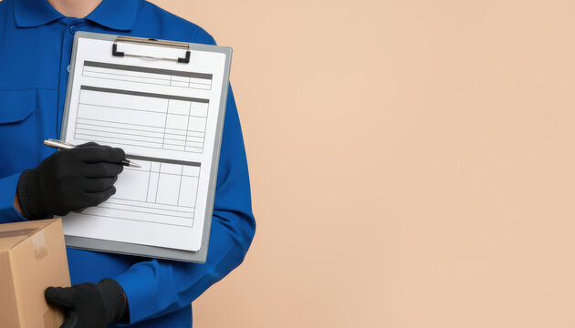 Delivery one person e commerce courier holds clipboard, confirms parcel drop with calm focus