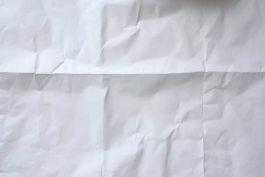 Crumpled white paper with multiple folds, textured and wrinkled surface suitable for artistic backgrounds or conceptual design projects.