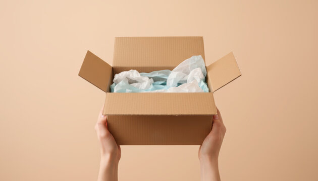 Open cardboard box hands delivery one person e commerce packaging minimal