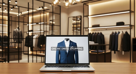Contemporary clothing shop with racks of suits and computer showcasing online shopping platform for fashion retail customers