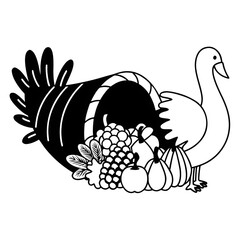 Turkey with Cornucopia Line Art Vector, Minimal Thanksgiving Illustration, Elegant Turkey and Harvest Outline, Thin Line Fall Bird Vector
