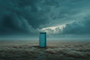 Mysterious blue door standing alone in a vast, empty field under dramatic stormy clouds, symbolizing opportunity and the unknown in a surreal landscape