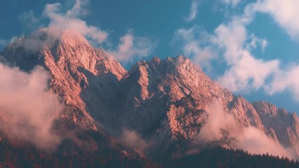 Rugged mountains bathed in pink sunset light with wispy clouds drifting around the peaks. - Powered by Adobe