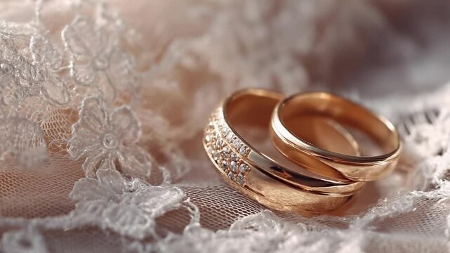 Two gold wedding rings resting on delicate lace, one band encrusted with small diamonds.