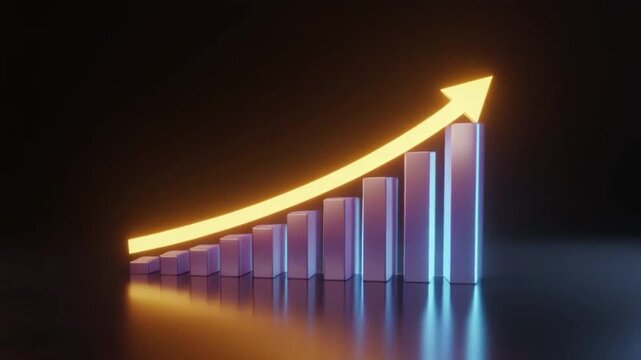 3D animation of stock market growth chart with arrow moving upward