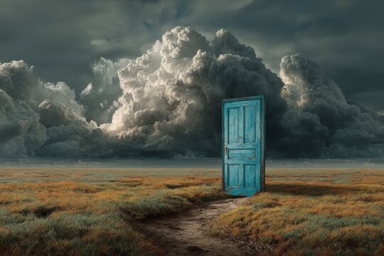 Surreal blue door standing alone in a vast field under dramatic stormy clouds, inviting curiosity and imagination, symbolizing opportunities and new beginnings