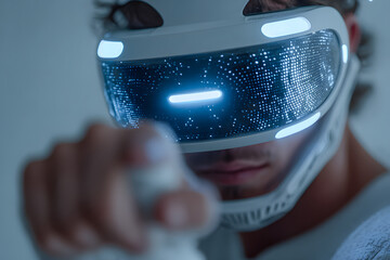 Metaverse digital cyber world technology, man with virtual reality VR goggle playing AR augmented reality game and entertainment, futuristic metaverse gameFi NFT game ideas