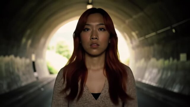 Woman facing forward in a dark tunnel