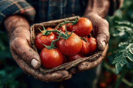 Hands holding a basket of freshly harvested red tomatoes, showcasing vibrant colors and natural textures, surrounded by lush green foliage in a garden setting