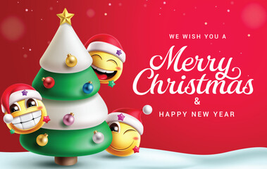 Christmas emojis clipart banner design. Merry Christmas greeting and wishing card with cute happy, smiling, excited and laughing emoji characters for holiday season in red background vector 