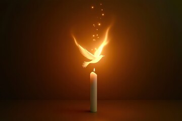 A candle is lit and a bird is flying in front of it