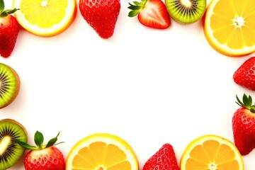 A white background with a variety of fruits including kiwi, oranges