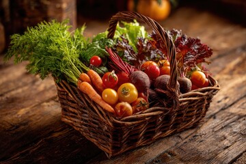 Freshly harvested vegetables in a wicker basket on a rustic wooden table