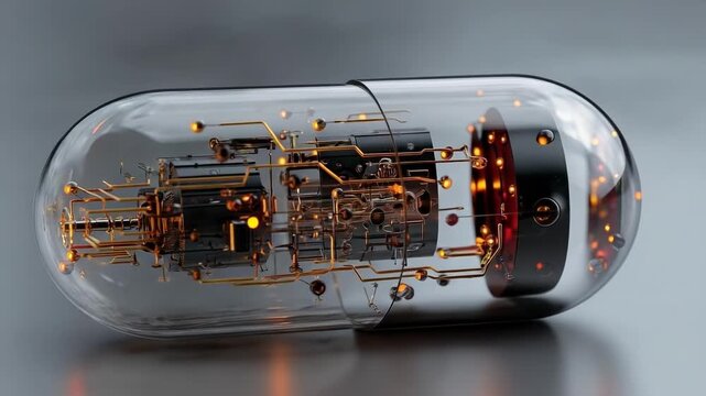 Glass vacuum tube containing intricate internal circuitry and glowing orange wiring.