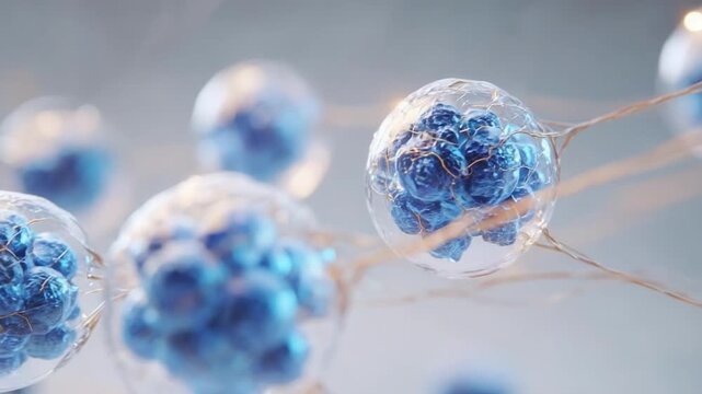 Blue cell clusters inside clear capsules connected by thin threadlike strands, viewed under a microscope.