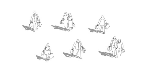 CAD Drawings. top view of people shopping, walking, standing, and carrying shopping bags isolated on white background. Vector illustration.