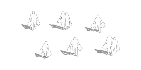 CAD Drawings. top view of outline people shopping, walking, standing, and carrying shopping bags isolated on white background. Vector illustration.